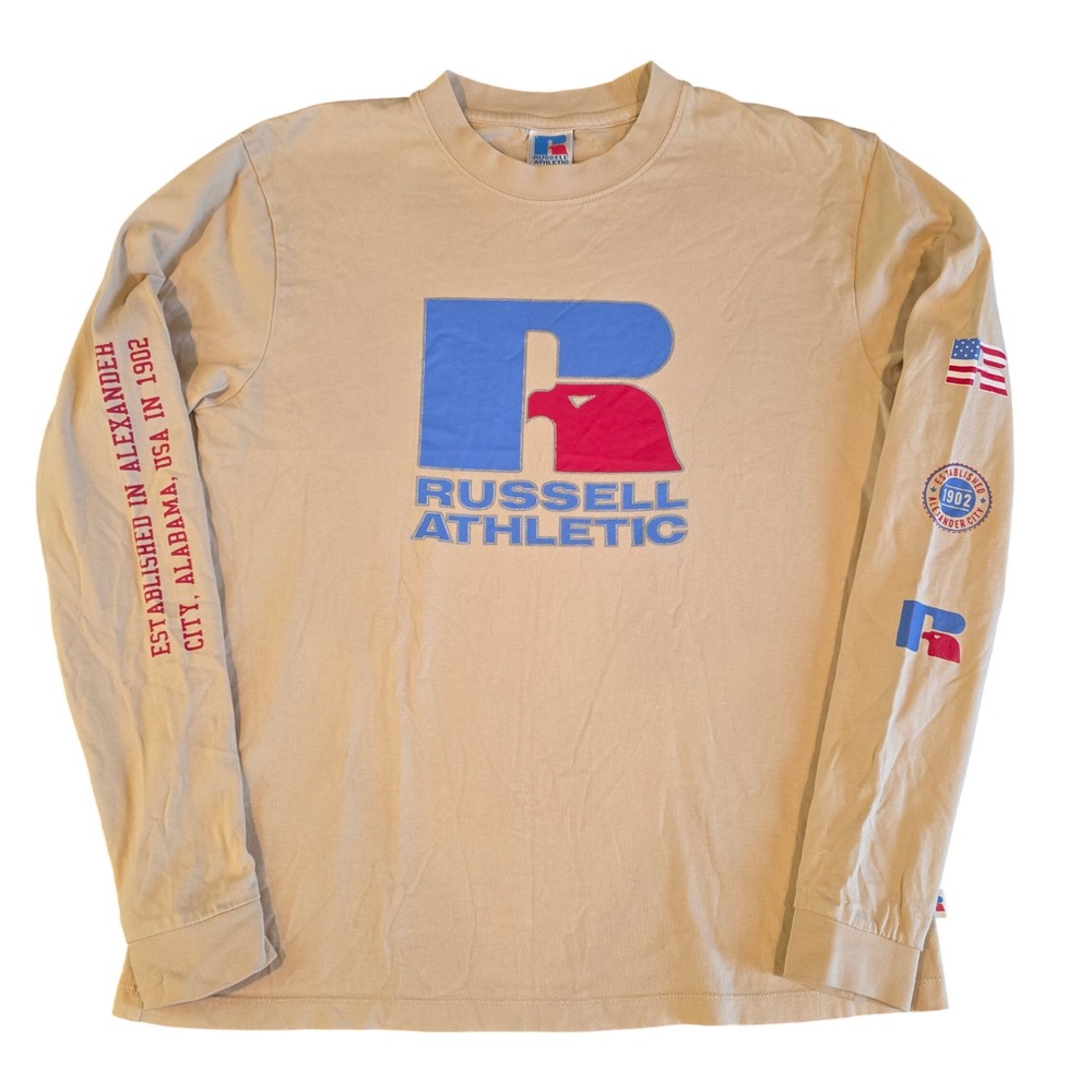 Russell Athletic Mens Long Sleeve Graphic T-Shirt Tan Beige Logo Size M A8-617-2
